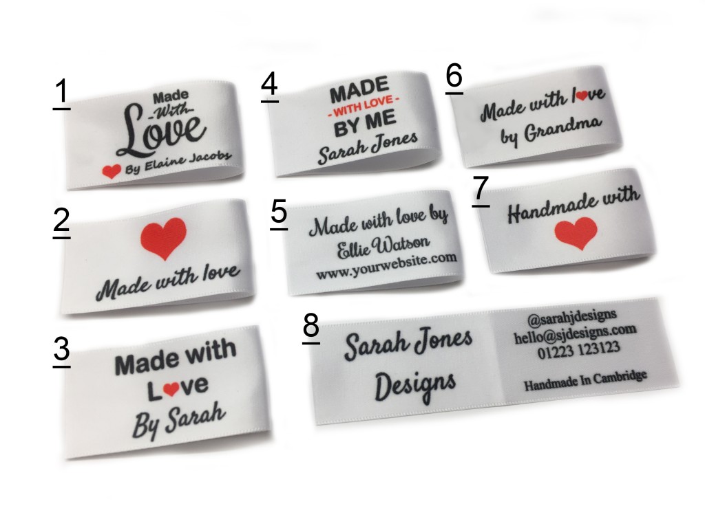 Sew in fold handmade with love labels in white 8 designs 25mm x 50mm fold